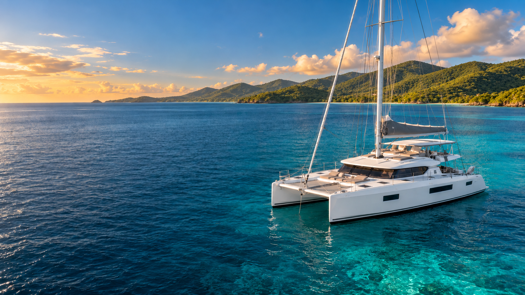 A white sailing catamaran anchored in turquoise water beside a lush island